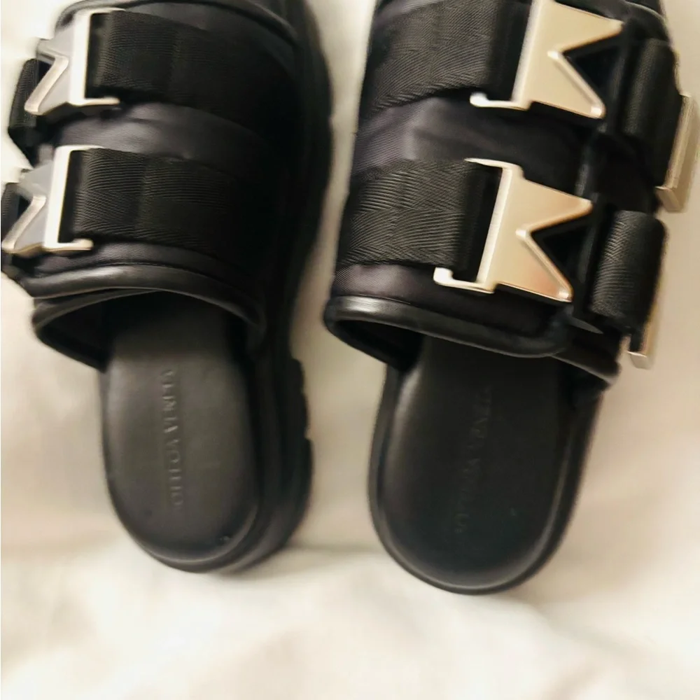 Bottega Veneta Black Leather Dual-Strap Slide Sandals with Silver Buckles
